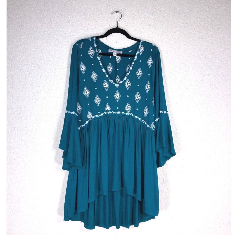 Torrid Super Soft Teal Blue Embroidered Babydoll Tunic Top Bell Sleeve Plus 1